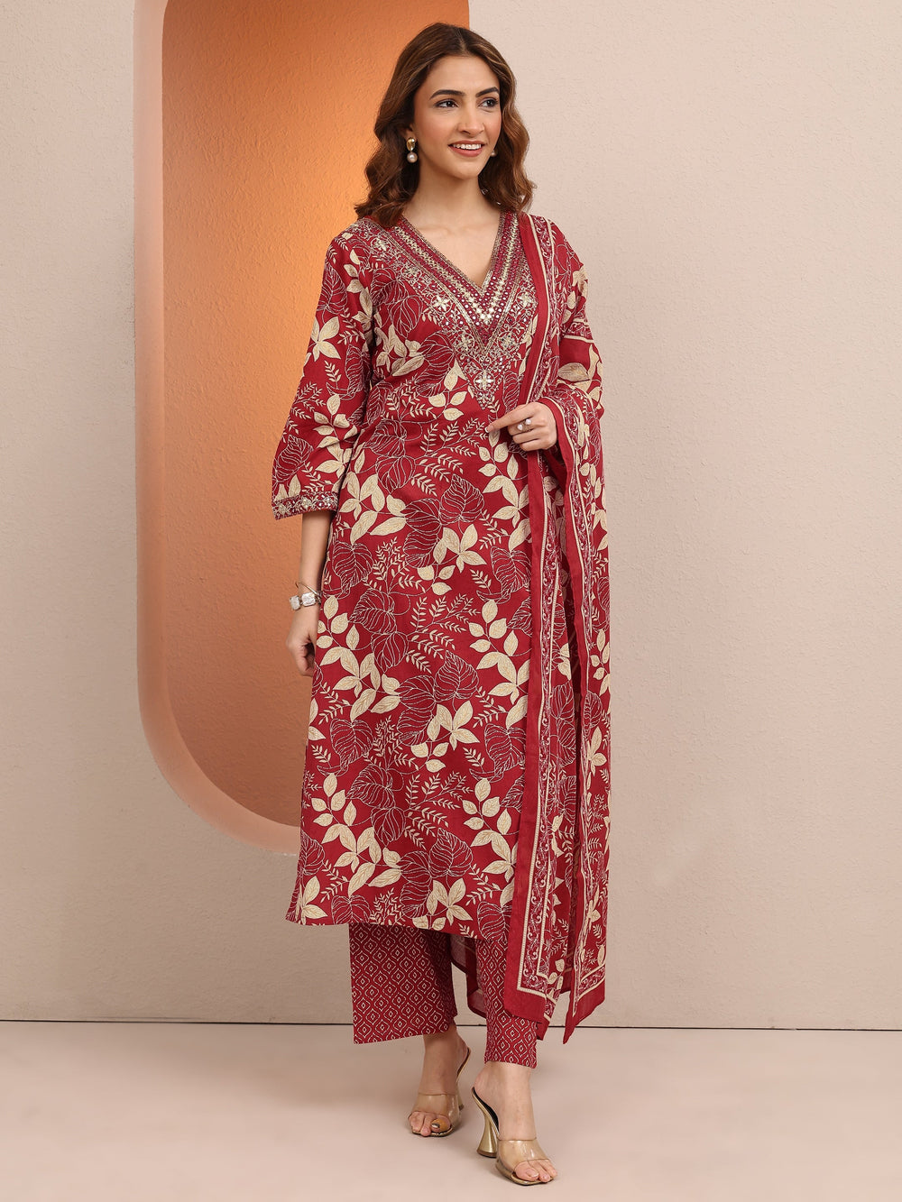 Libas ladies western kurti 2-piece set in red, featuring traditional design and comfortable fabric, displayed on a model.