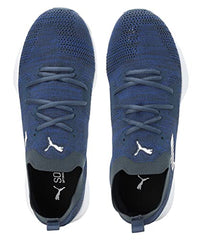 Puma Men Flyer Runner Engineered Knit sneaker in dark denim, palace blue, and white, size 8UK, showcasing sleek athletic design.