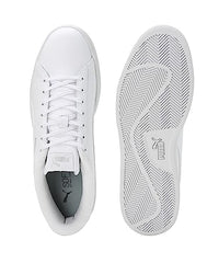 White Puma Smash V2 L unisex sneakers, lightweight sport shoes with Puma branding, white laces, and rubber sole.