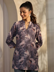 Mauve printed cotton blend straight short kurti for ladies, Libas brand, featuring a stylish western design with floral print.