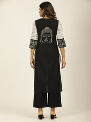 Black Handblock Printed Buddha Embroidered Kurta Set