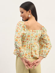 Madame Ruched Tie- Front Floral Printed Ivory Top