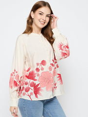 Madame Floral Print Rayon Blend Beige Top