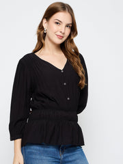Madame Solid Rayon Blend Black Peplum Top