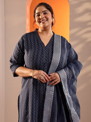 Plus Size Blue Woven Design Cotton Blend Straight Suit Set With Dupatta