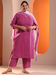 Plus Size Pink Woven Design Cotton Blend Straight Suit Set With Dupatta