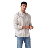 Levis men's slim fit linen shirt with blue and white stripes, casual style, short sleeves, and classic collar.