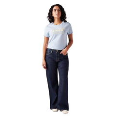Women's Dark-Blue Loose Bootcut Fit Mid Rise Jeans