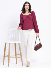 Madame Sweetheart Neck Elasticated Rush Detailed Solid Plum Knit Moss Top