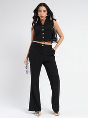Madame Crop Top And Side Slit Trousers Knit Moss Black Co-Ord Set
