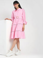 Madame Tiered Pink Rayon Blend Fit And Flare Mini Dress