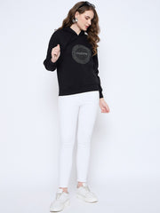 Madame Graphic Print Loose Fit Black Hooded Sweatshirt