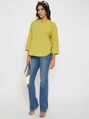 Madame Button Detail Solid Green Cotton Top