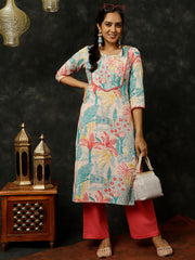 Coral Kantha Work Printed Straight Kurta With Palazzo