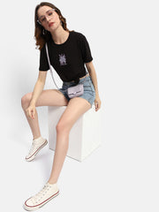 Madame Embroidered Black Regular T-Shirt