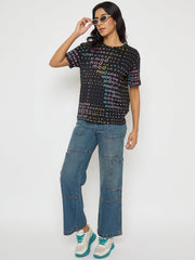 Madame All Over Print Black Cotton T-Shirt