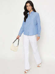 Madame Textured Embroidered Accents Blue Shirt