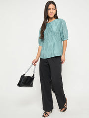 Madame Textured Embellished Tencel Blend Green Top