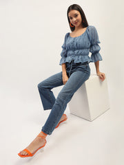 Madame Ruched Detailing Blue Peplum Top