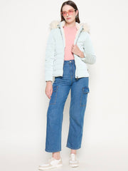 Madame Nylon Detachable Hood Quilted Light Blue Short Jacket