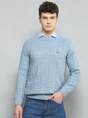 Men Sky Blue Self Design Round Neck Full Sleeve Pullover