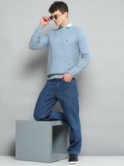 Men Sky Blue Self Design Round Neck Full Sleeve Pullover