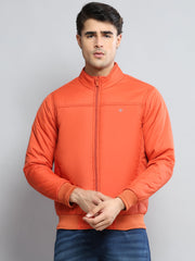 Men Orange Solid Mock Neck Full Sleeve Jacket