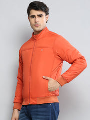 Men Orange Solid Mock Neck Full Sleeve Jacket