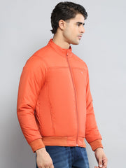 Men Orange Solid Mock Neck Full Sleeve Jacket