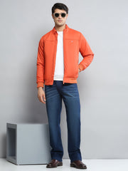 Men Orange Solid Mock Neck Full Sleeve Jacket