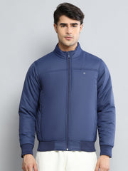 Men Blue Solid Mock Neck Full Sleeve Jacket