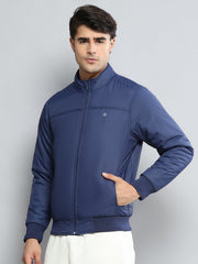 Men Blue Solid Mock Neck Full Sleeve Jacket