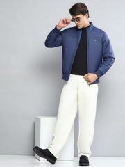 Men Blue Solid Mock Neck Full Sleeve Jacket
