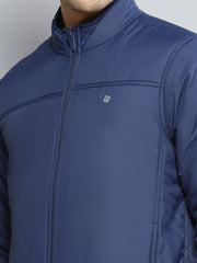 Men Blue Solid Mock Neck Full Sleeve Jacket