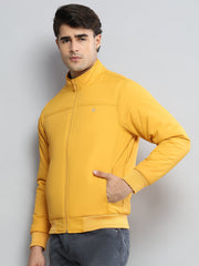 Men Mustard Solid Mock Neck Full Sleeve Jacket
