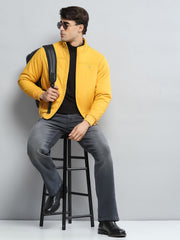 Men Mustard Solid Mock Neck Full Sleeve Jacket