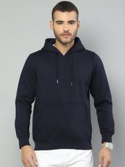 Men Navy Blue Solid Hooded Full Sleeve Sweatshirt