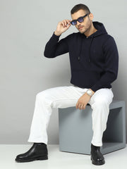 Men Navy Blue Solid Hooded Full Sleeve Sweatshirt