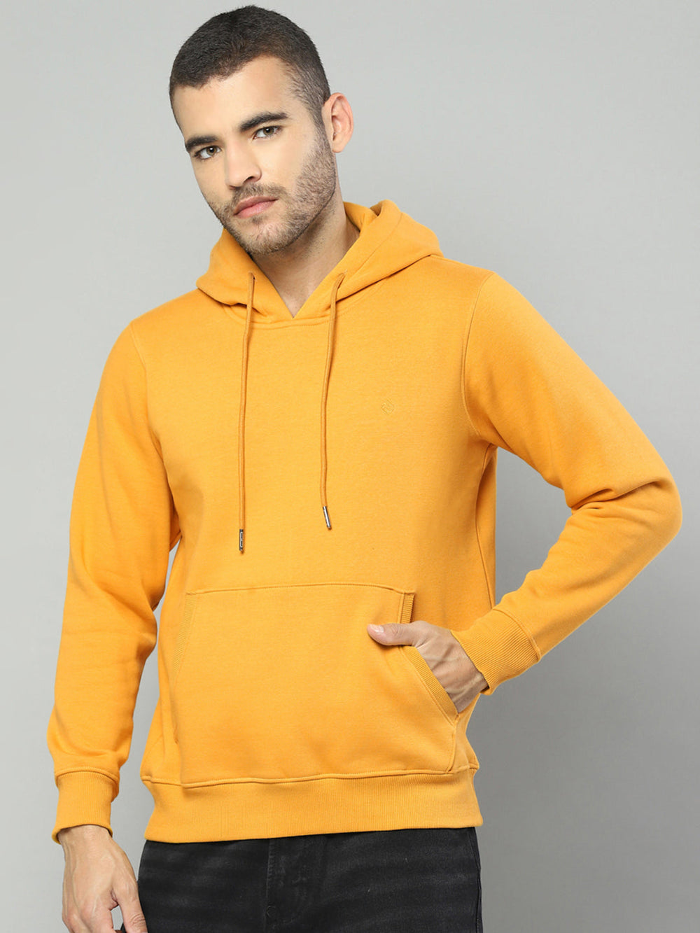 Men Mustard Solid Hooded Full Sleeve Sweatshirt - Goyalsons ShopMax