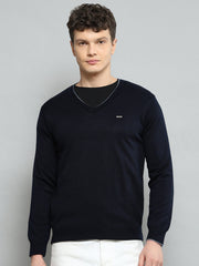 Men Navy Blue Solid V Neck Full Sleeve Pullover - Goyalsons ShopMax