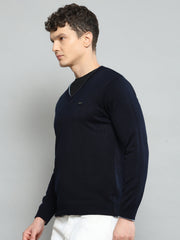 Men Navy Blue Solid V Neck Full Sleeve Pullover - Goyalsons ShopMax