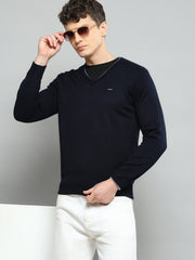 Men Navy Blue Solid V Neck Full Sleeve Pullover - Goyalsons ShopMax