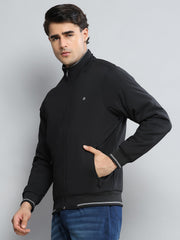 Men Black Solid Mock Neck Full Sleeve Jacket