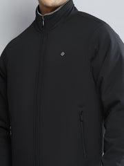 Men Black Solid Mock Neck Full Sleeve Jacket