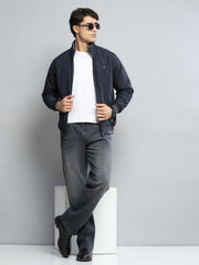 Men Navy Blue Solid Mock Neck Full Sleeve Jacket - Goyalsons ShopMax