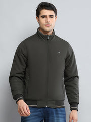 Men Olive Solid Mock Neck Full Sleeve Jacket