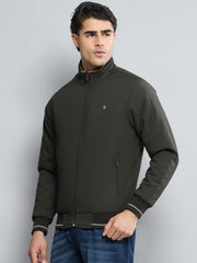 Men Olive Solid Mock Neck Full Sleeve Jacket