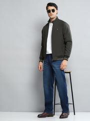 Men Olive Solid Mock Neck Full Sleeve Jacket