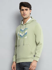 Men Green Printed Hooded Full Sleeve Sweatshirt