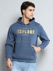 Men Blue Printed Hooded Full Sleeve Sweatshirt